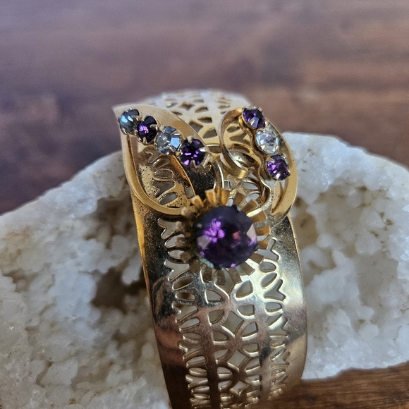 Elegant Gold-tone and Purple Rhinestone Cuff Bracelet - Picture 3 of 8